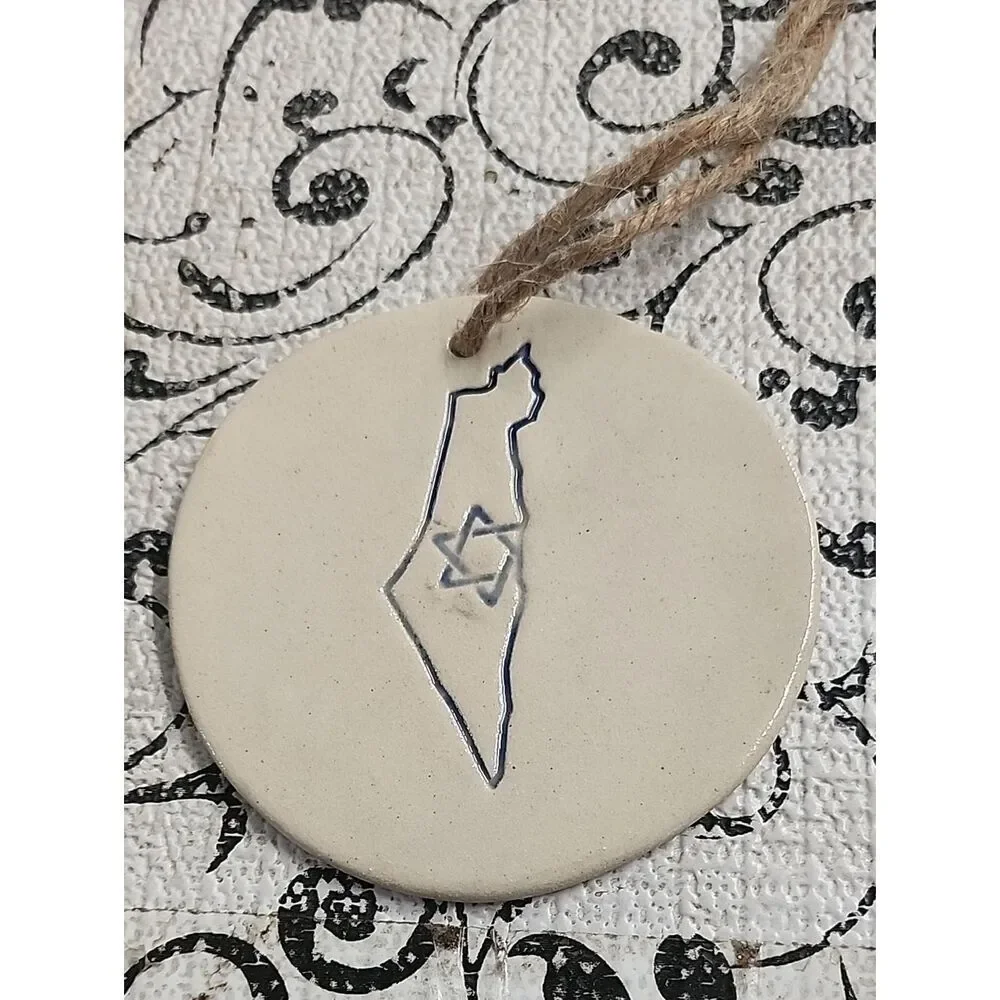 White and Tan Ceramic Israel Map Ornament